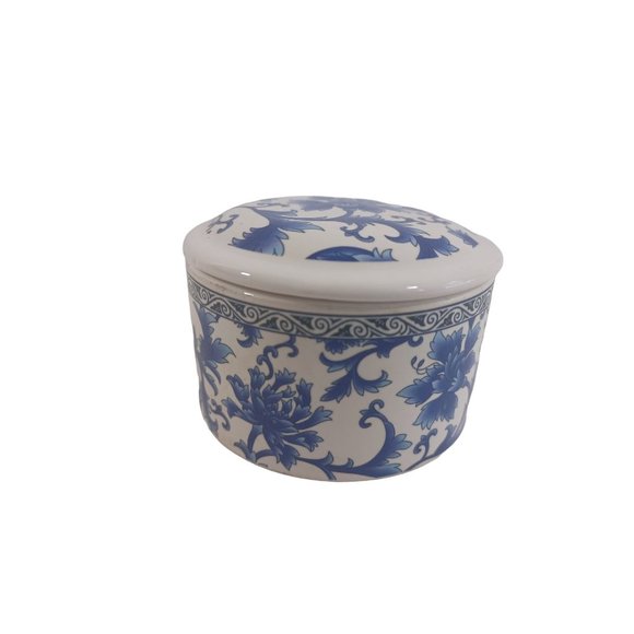 Vtg Round 2"x2.75" Lidded Trinket Box Delft Blue Hand Painted Oriental Porcelain - Picture 2 of 6